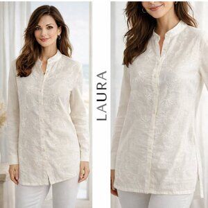 Laura White Linen Embroidered Button-Up shirt Tunic Long Sleeve Size Large